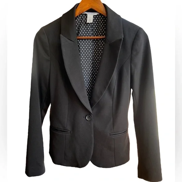 WHBM Black Blazer with Polka Dot Liner Machine Washable One Button Closure 2 - Picture 1 of 16